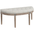 Banc bout de lit en forme demi-lune style Louis XVI structure en bois massif sculpté siège en tissu aspect lin crème-0