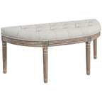 Banc bout de lit en forme demi-lune style Louis XVI structure en bois massif sculpté siège en tissu aspect lin crème-0