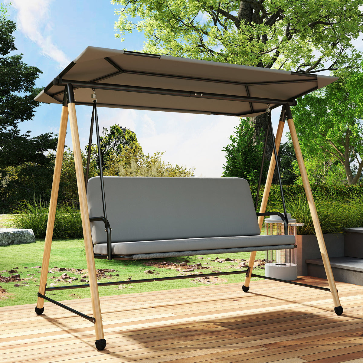 Balancelle de Jardin 3 Places, Balançoire Extérieure avec Toit réglable et Coussin Épais Amovible, 208x125x180cm, Gris-7