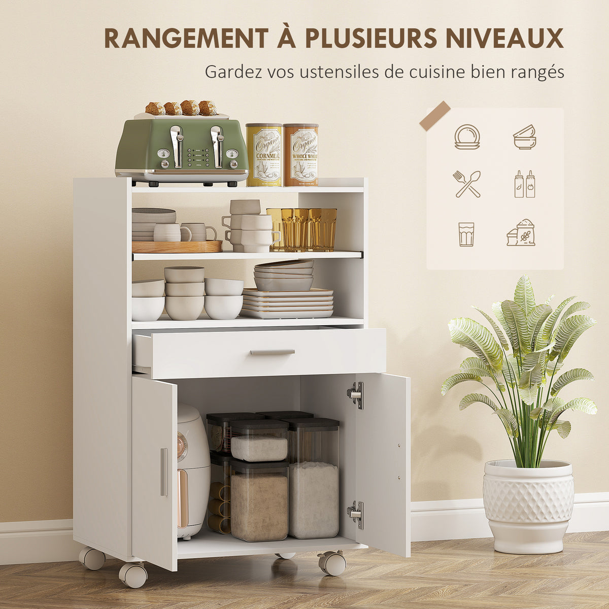 Chariot de cuisine sur roulettes, desserte micro-onde à roulettes avec placard tiroir étagères, 59 x 40 x 92 cm, blanc-3