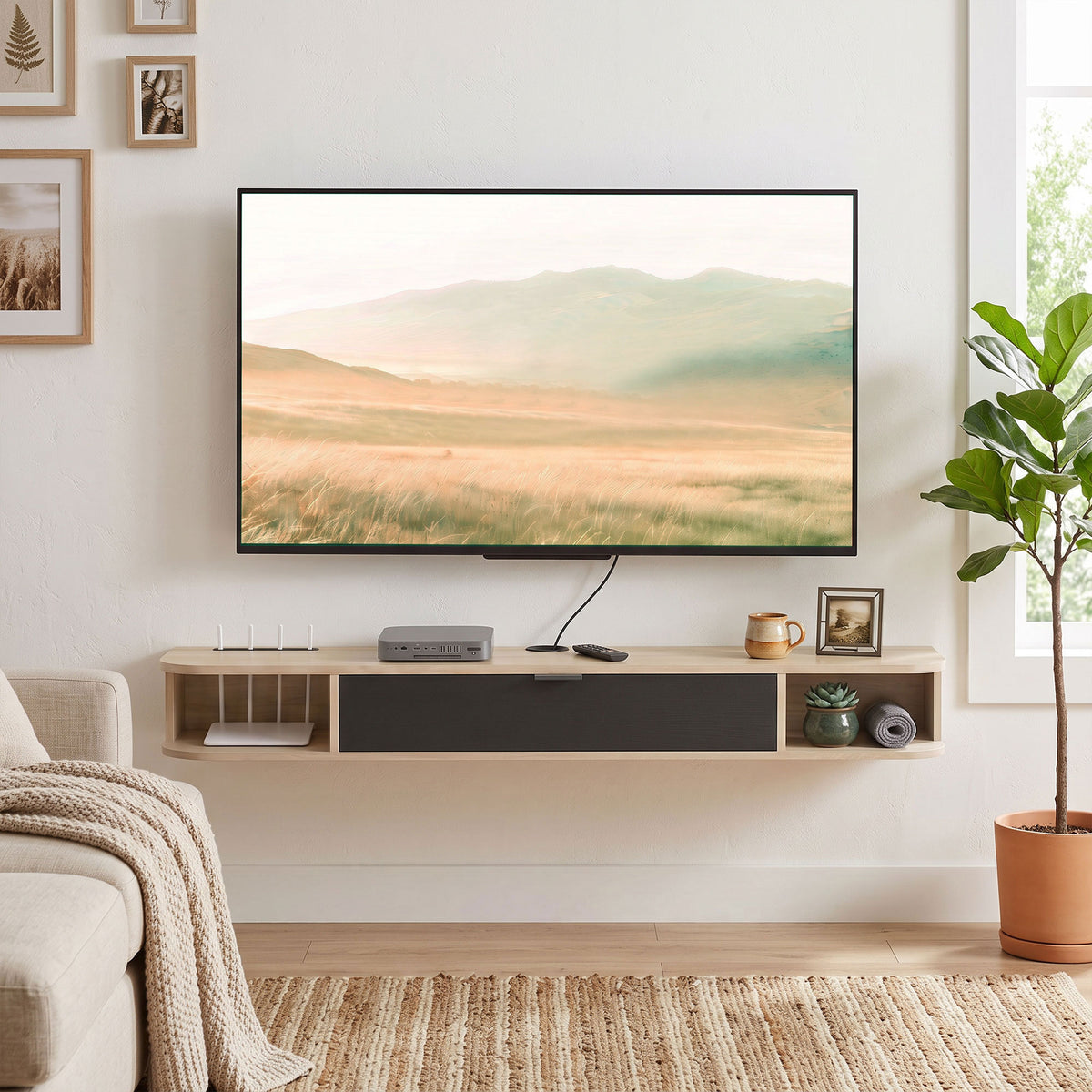 Meuble TV suspendu, meuble télé pour téléviseur jusqu'à 60 pouces, tiroir rabattable 2 étagères 140x24x16cm bois naturel-7