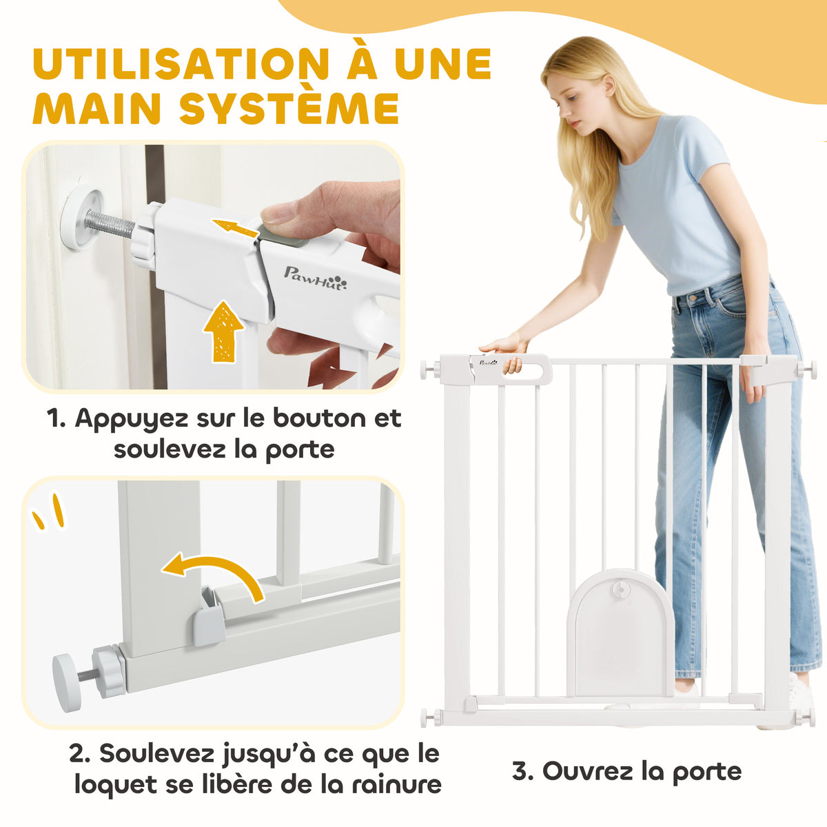 Barrière de sécurité animaux avec porte fermeture automatique système de double verrouillage, acier blanc-3