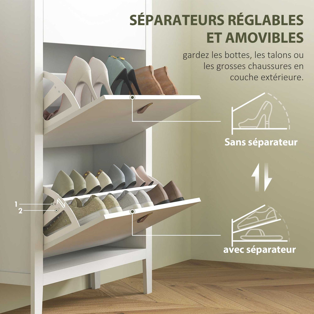 Meuble à chaussures 21 paires, armoire à chaussures avec 3 tiroirs rabattables, étagères amovibles et réglables, blanc-4