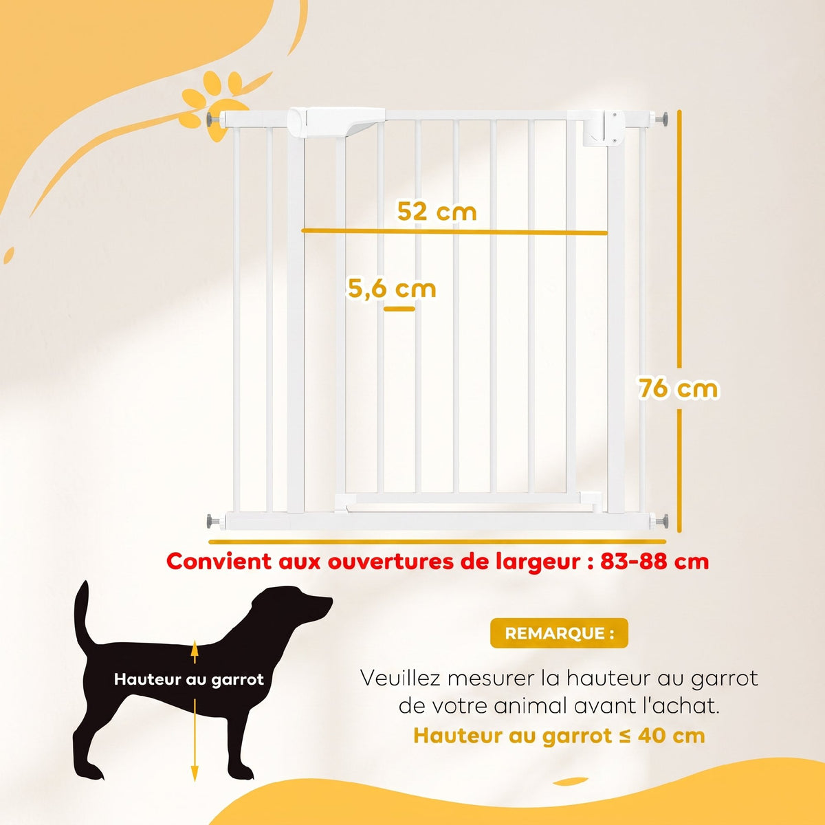 Barrière de Sécurité pour Chiens et Bébés 76 à 88 cm avec Extension, Fixation par Pression sans Perçage, 76 à 88 cm, Blanc-2