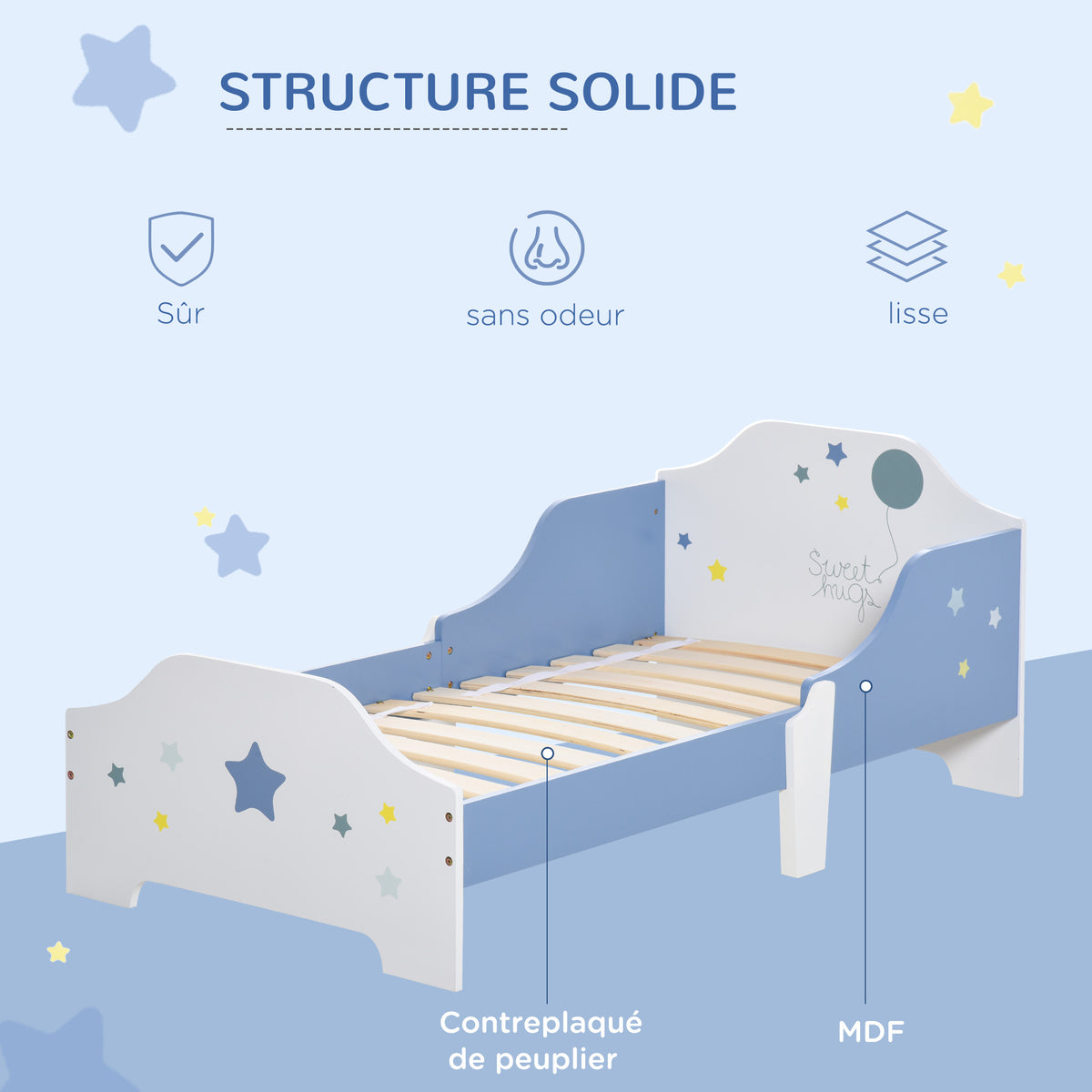 Lit pour enfants de 3 à 6 ans design étoiles sommier à lattes inclus chambre moderne 143 x 74 x 59 cm bleu blanc-4