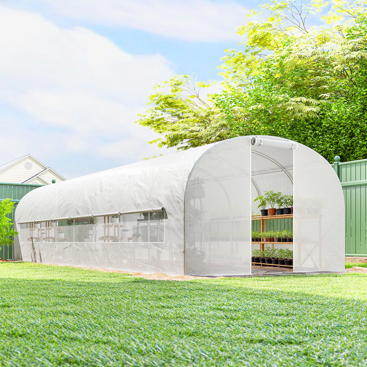 Serre tunnel de jardin 24m², serre de jardin tunnel avec cadre en acier galvanisé, portes et 2 grandes fenêtres, blanc-9