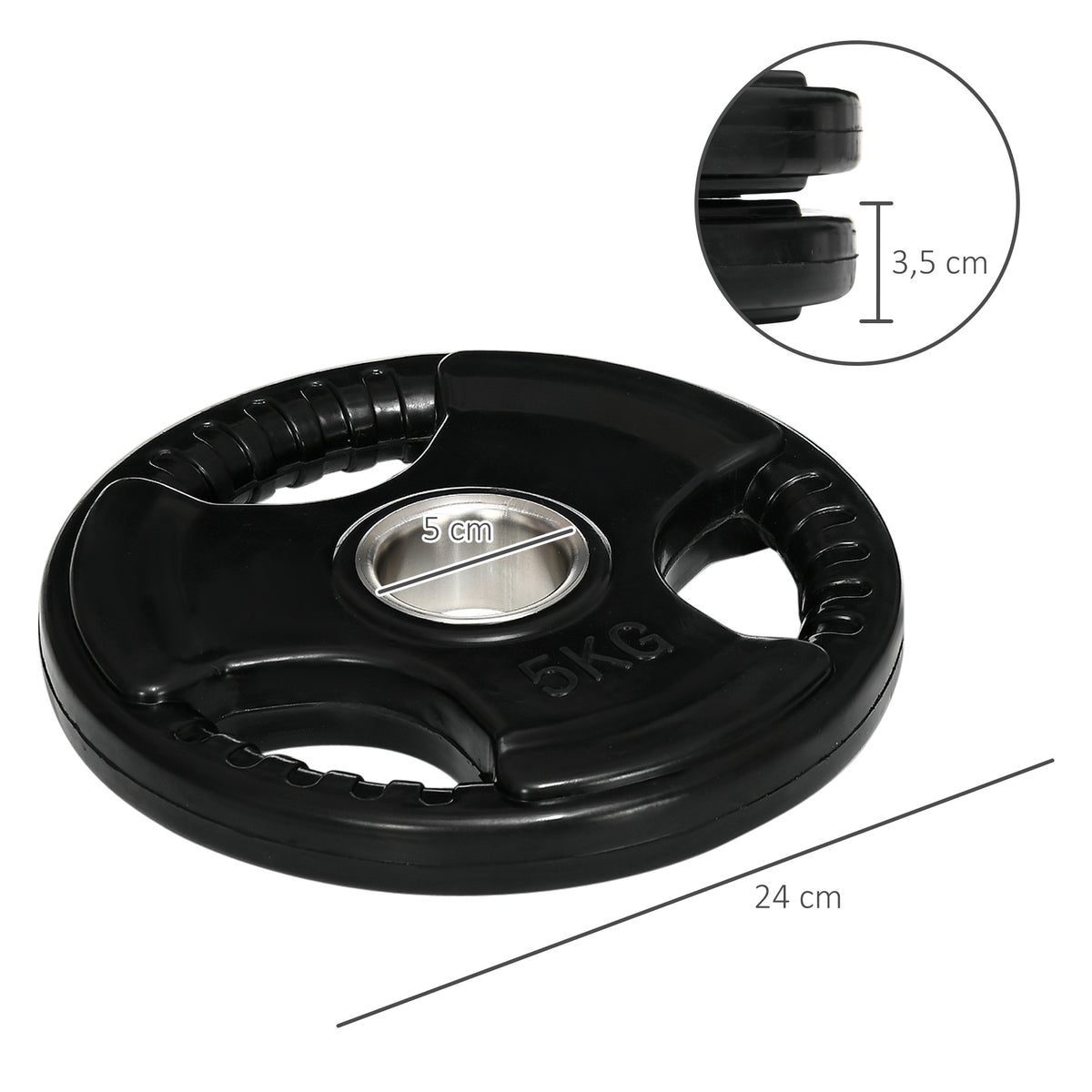 Disques de poids en fonte, plaques de poids 2 x 5 kg, à 3 poignées avec trous de Ø 50 mm, couverture en caoutchouc, noir-2
