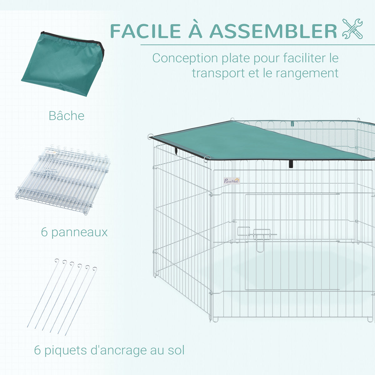 Parc pour chien, enclos chien 6 panneaux avec toit, modulable et pliable, enclos portable 60H cm avec porte, clôture pour chat, chiens de petit taille, intérieur et extérieur, argent, vert-4