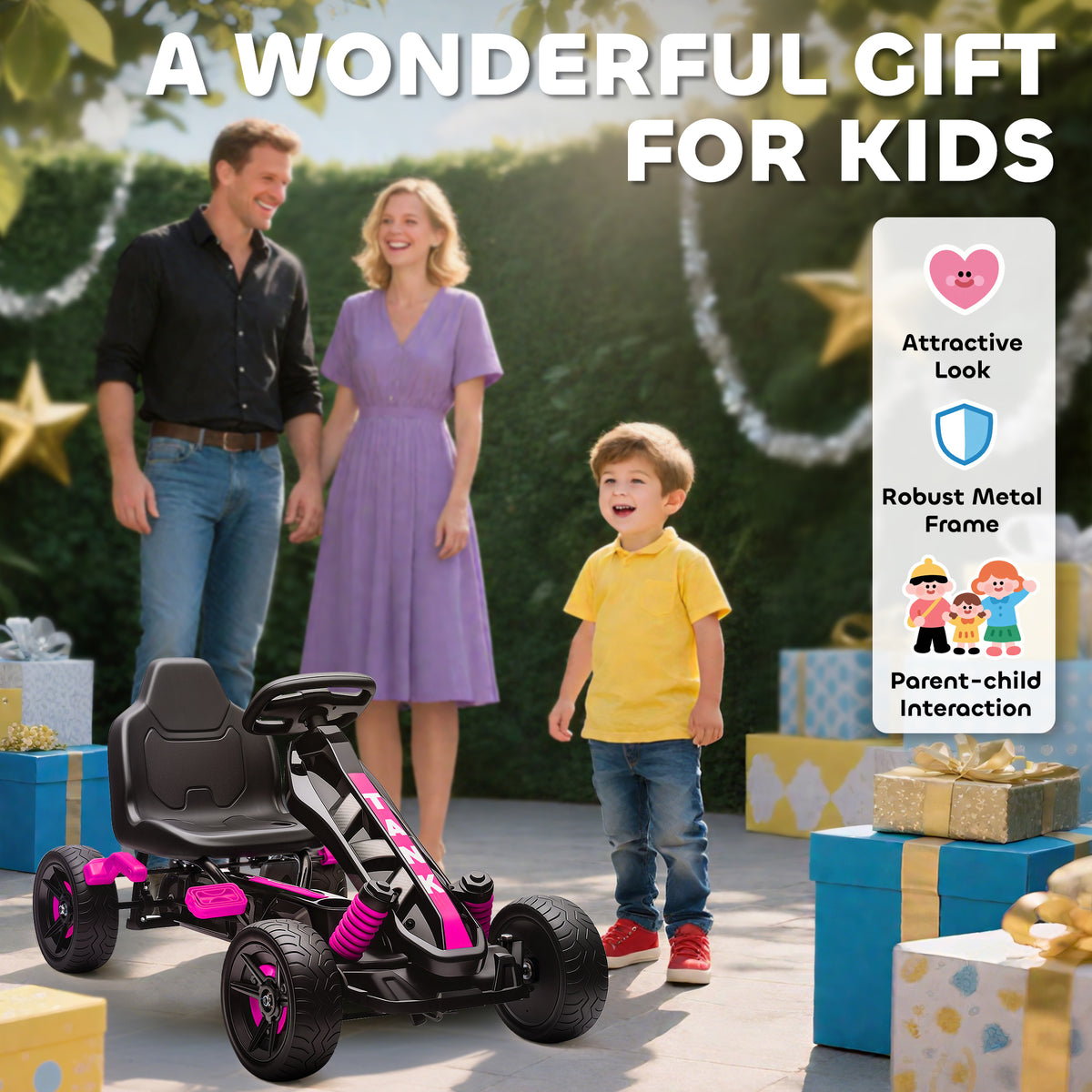 Kart à pédales pour enfants, karting enfant 3 à 6 ans avec roue libre, frein, roues EVA antidérapantes, rose-7