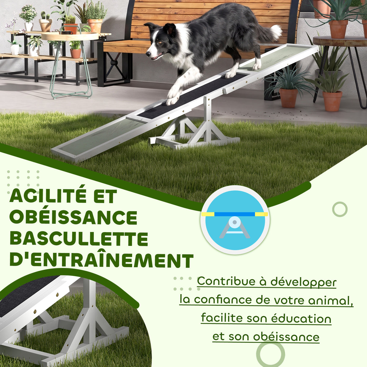 Agility sport pour chien bascule équipement entrainement chien antidérapant 180 x 30 x 30 cm gris blanc-6