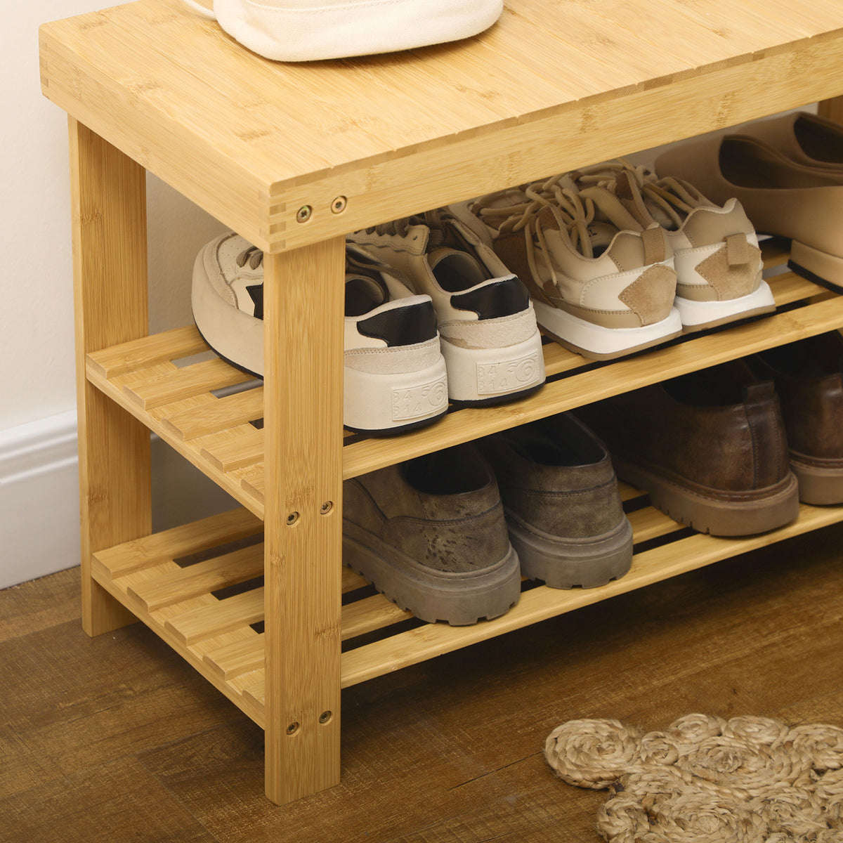 Banc avec meuble à chaussures étagères en bambou dim. 70L x 28l x 45H cm bois naturel-8
