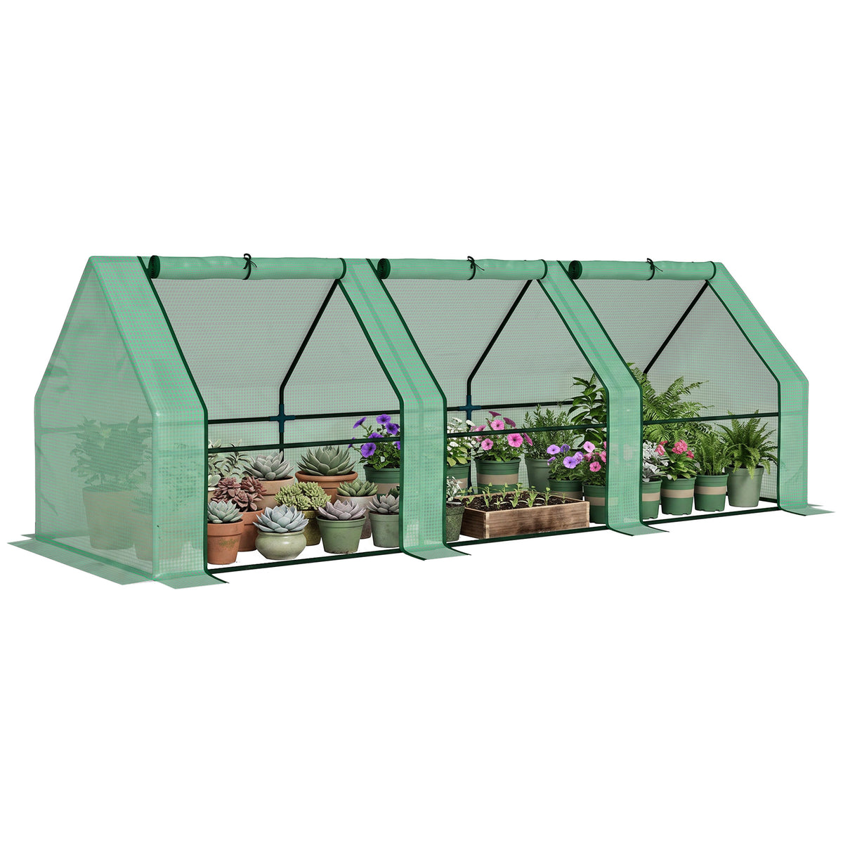 Mini Serre de Jardin mini serre tunnel 270L x 90l x 90H cm toit pointu Acier PE Haute densité 140 g/m² Anti-UV 3 fenêtres avec Zip enroulables Vert-0