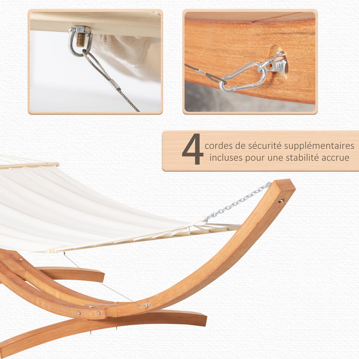 Hamac de jardin avec support en bois hamac sur pied 1 personne 3,92L x 1,2l x 1,1H m coloris crème marron-4
