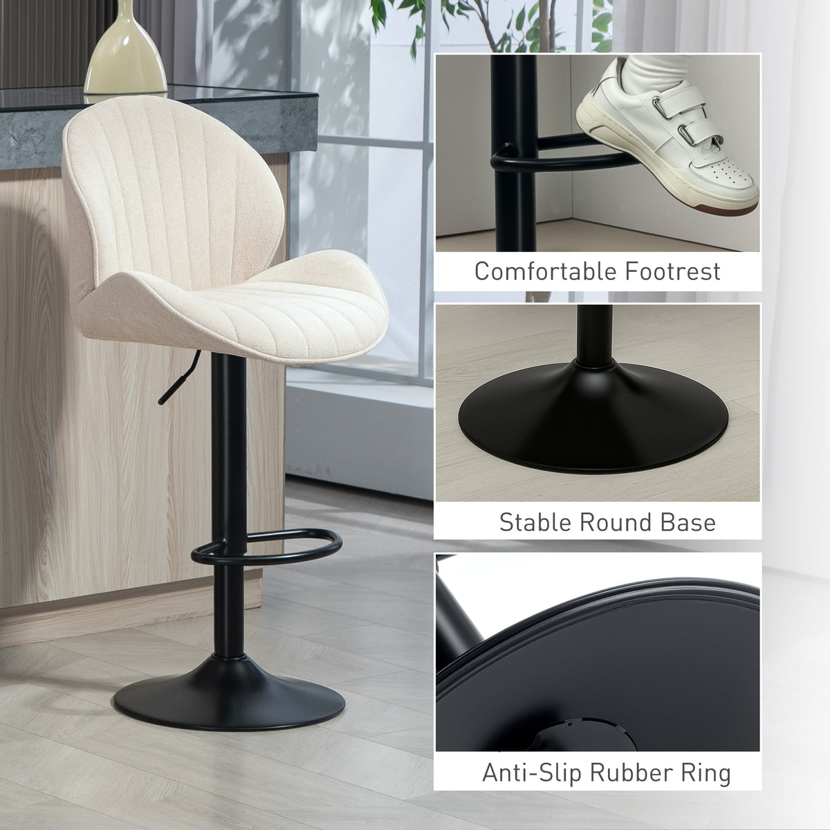 Lot de 2 tabourets de bar forme de coquillage, dossier, hauteur réglable et repose-pieds, cadre en acier, beige-7