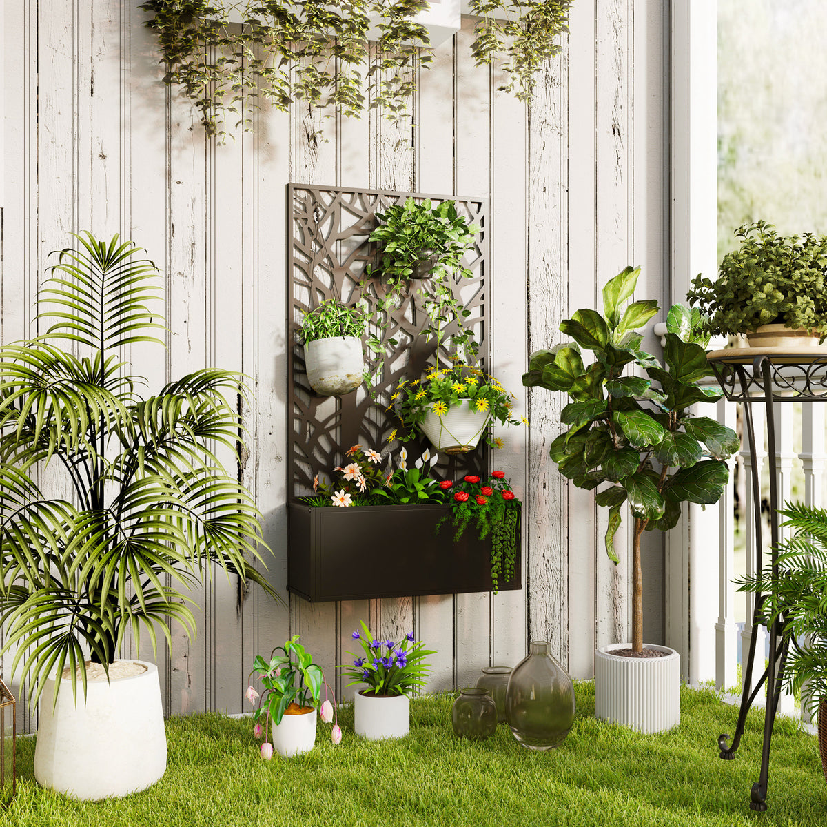 Jardinière avec treillis, bac à fleurs pour plantes grimpantes, légumes, fleurs en métal 61 x 23 x 113 cm noir-1