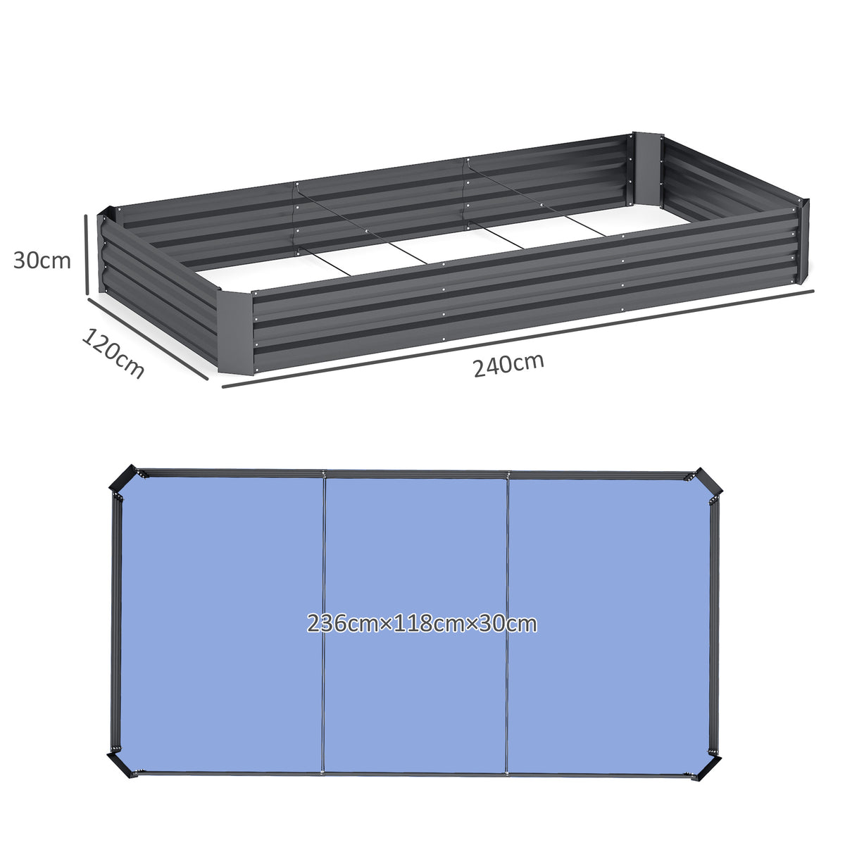 Jardinière extérieure carré potager galvanisée avec bordure de sécurité et fond ouvert 240 x 120 x 30 cm gris foncé-2