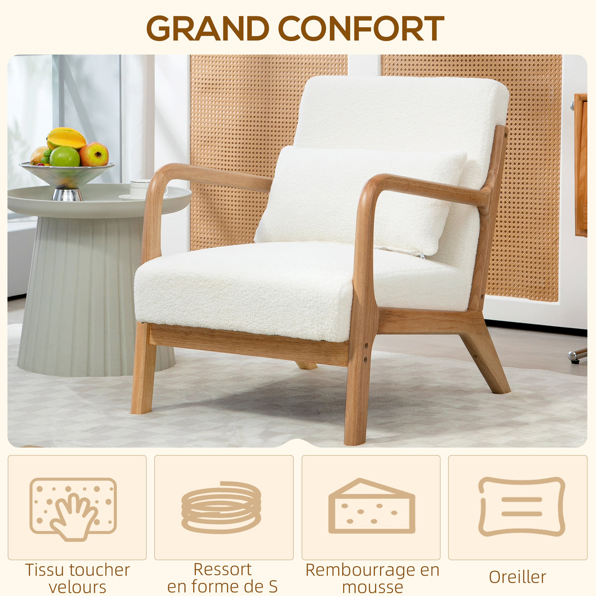 Fauteuil lounge - 3 coussins inclus - assise profonde - accoudoirs - structure bois hévéa - tissu bouclette crème-3