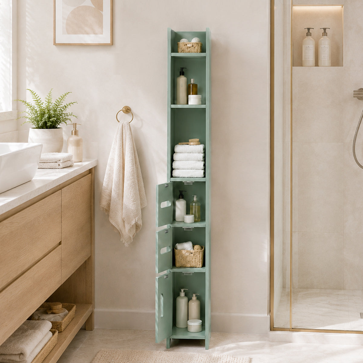 Meuble Colonne de Salle de Bain, Armoire Toilette Haute avec Étagères et Placards - 15 x 17 x 120 cm, Vert Clair-8