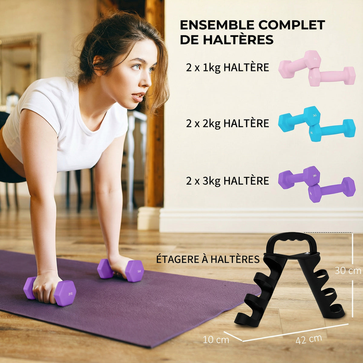 Lot d'haltères hexagonaux, haltères musculation, 2 x 1 kg, 2 x 2 kg, 2 x 3 kg, avec support convertible d'haltères-3
