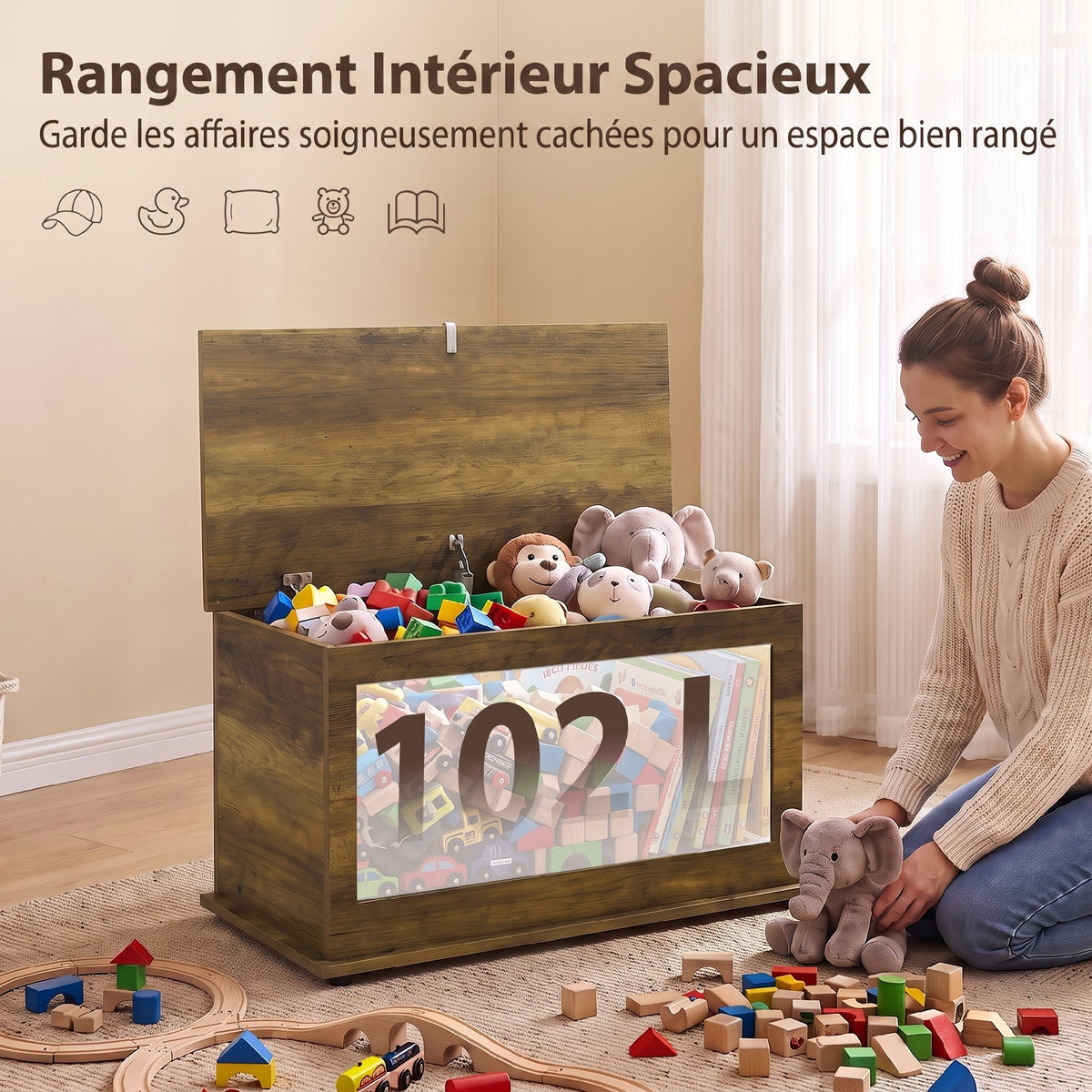 Coffre de Rangement, Banc de Rangement avec Couvercle Rabattable et Charnières de Sécurité, 80 x 40 x 45 cm, Marron-3