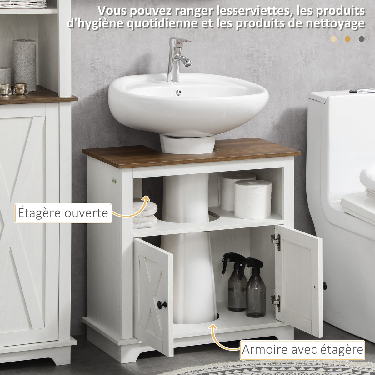 Meuble sous lavabo salle de bain meuble sous vasque - niche et placard à portes doubles, 60 x 30 x 60 cm, blanc-4