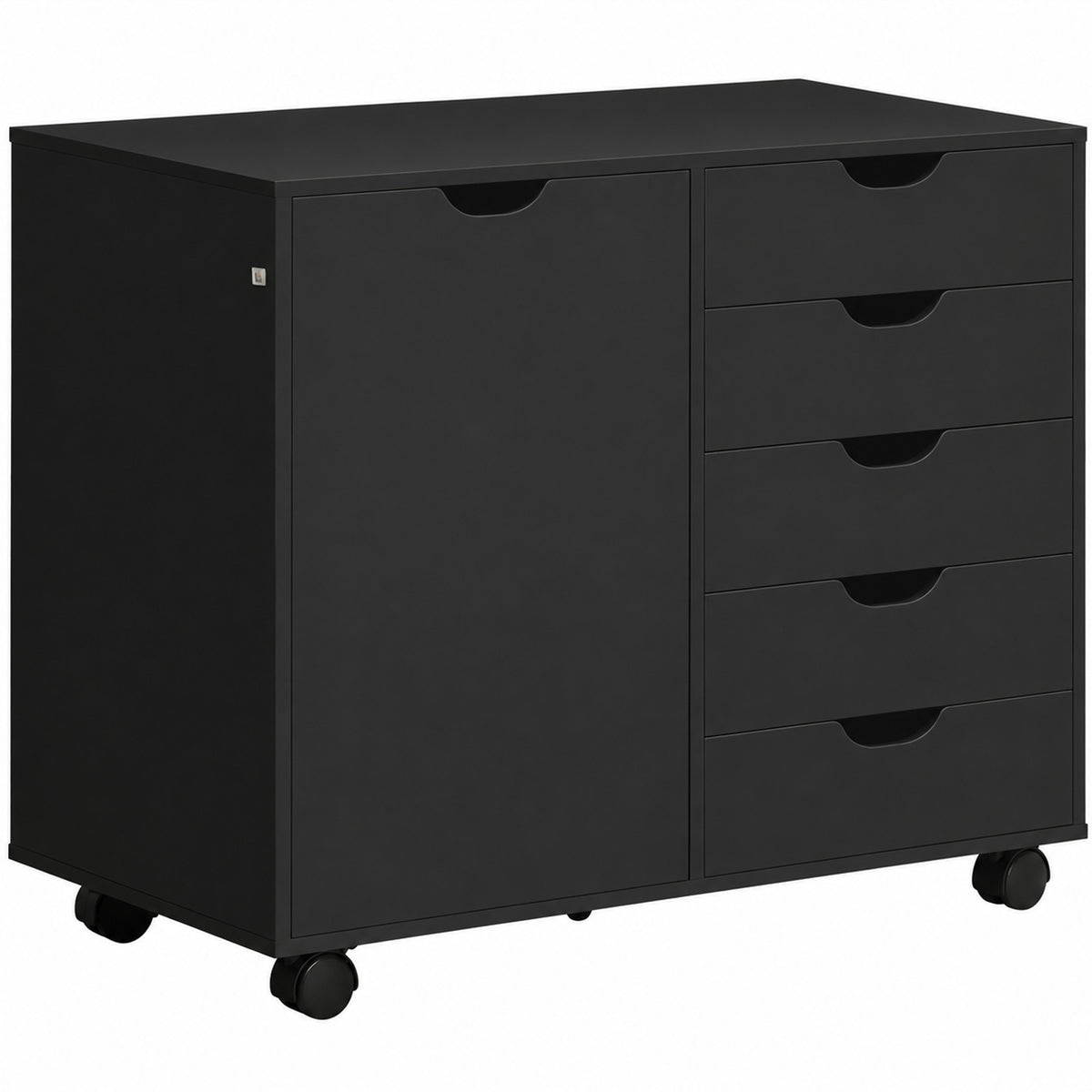 Caisson de bureau avec 5 tiroirs 1 porte étagère réglable, support imprimante sur roulettes, 78x40x66,5 cm, noir-0