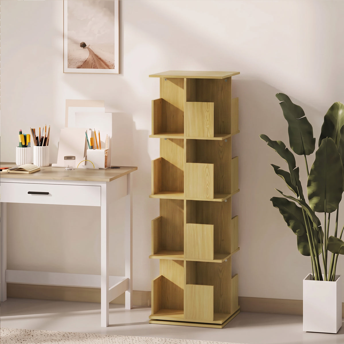 Bibliothèque Rotative à 4 Niveaux, Étagère Rangement avec 16 Compartiments, 39 x 39 x 128,3 cm, Chêne-1