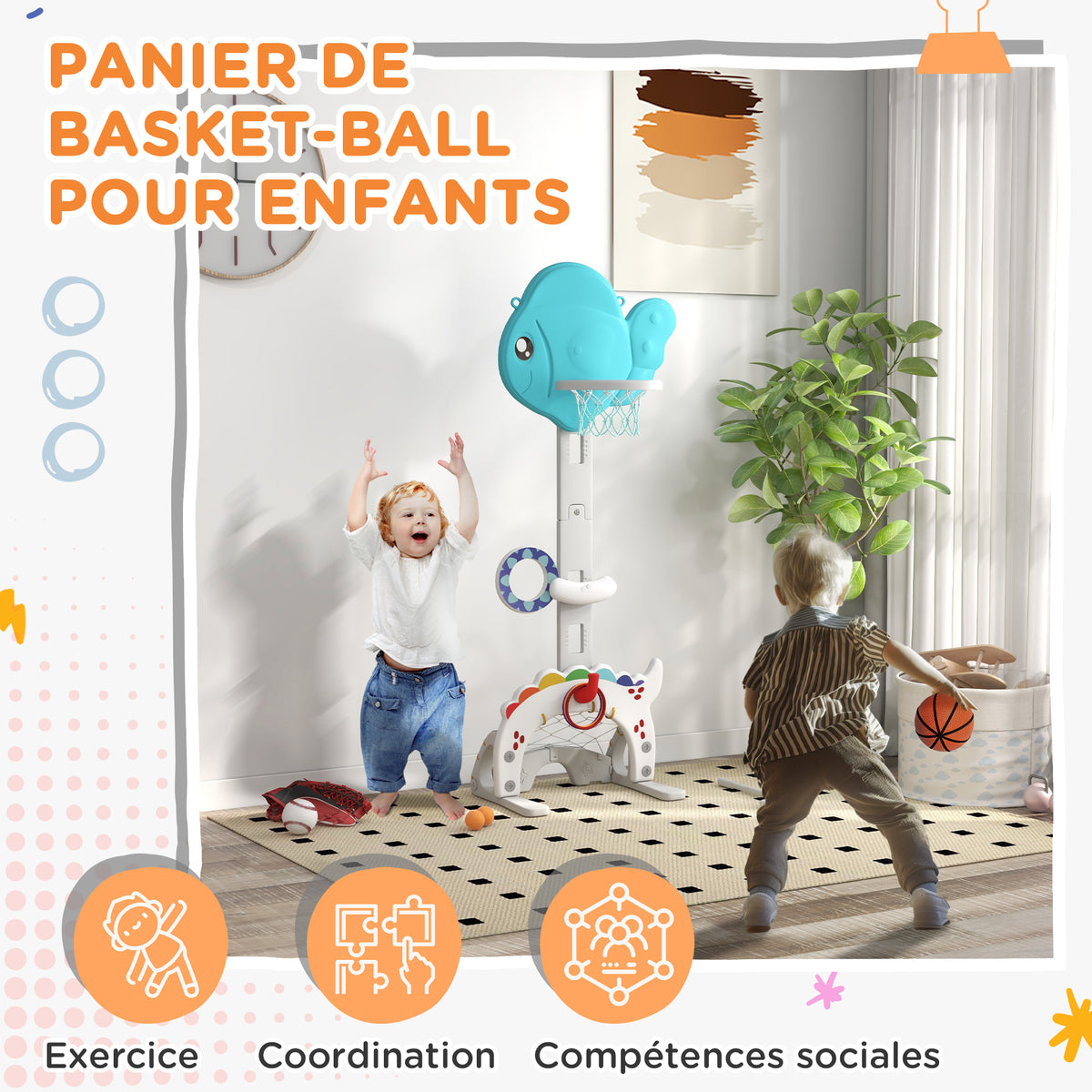 Panier de basket-ball pour enfants 5 en 1 hauteur réglable but de football balle de golf lancer d'anneaux bleu et gris-3