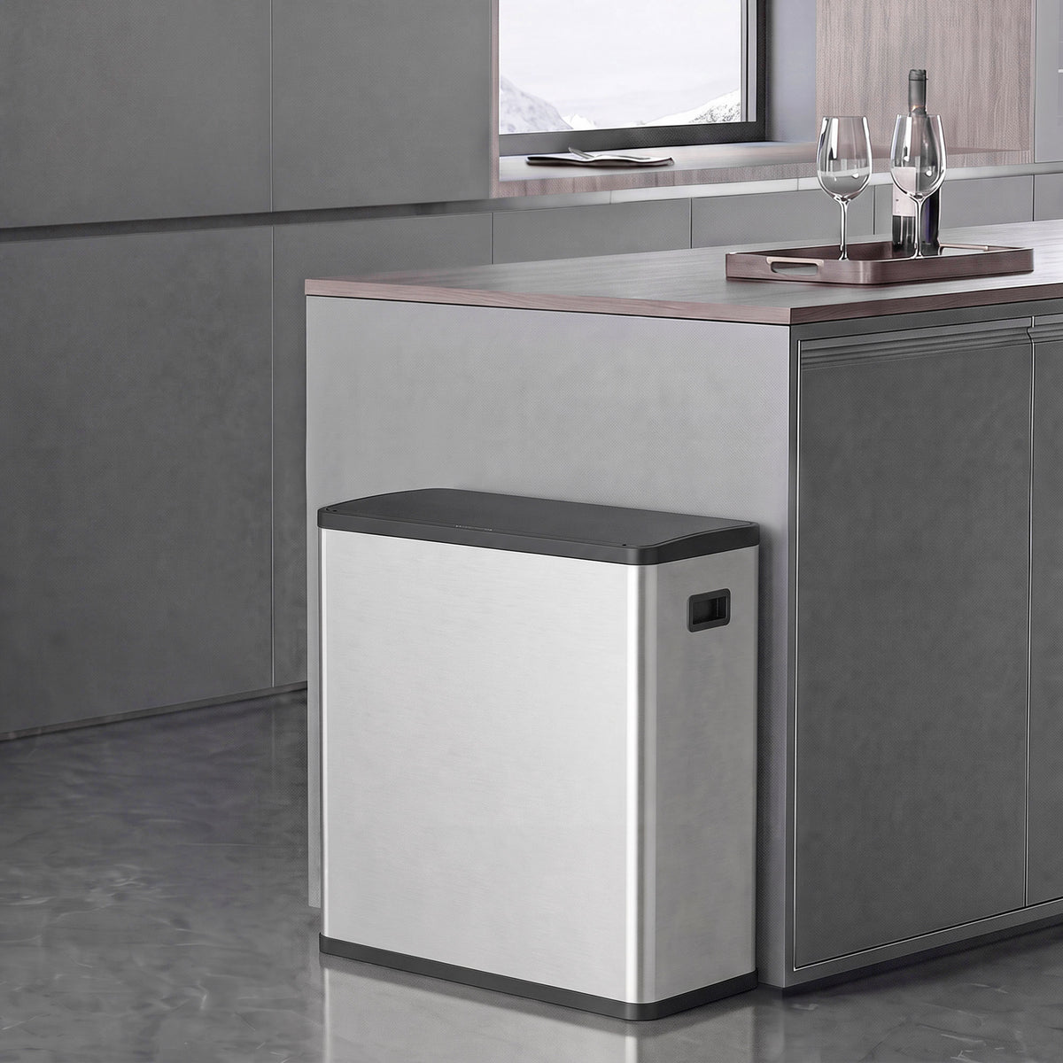 Poubelle de Cuisine Automatique 60 L, Poubelle à Double Compartiment, Capteur de Mouvement, Seaux Amovibles, Argent-1