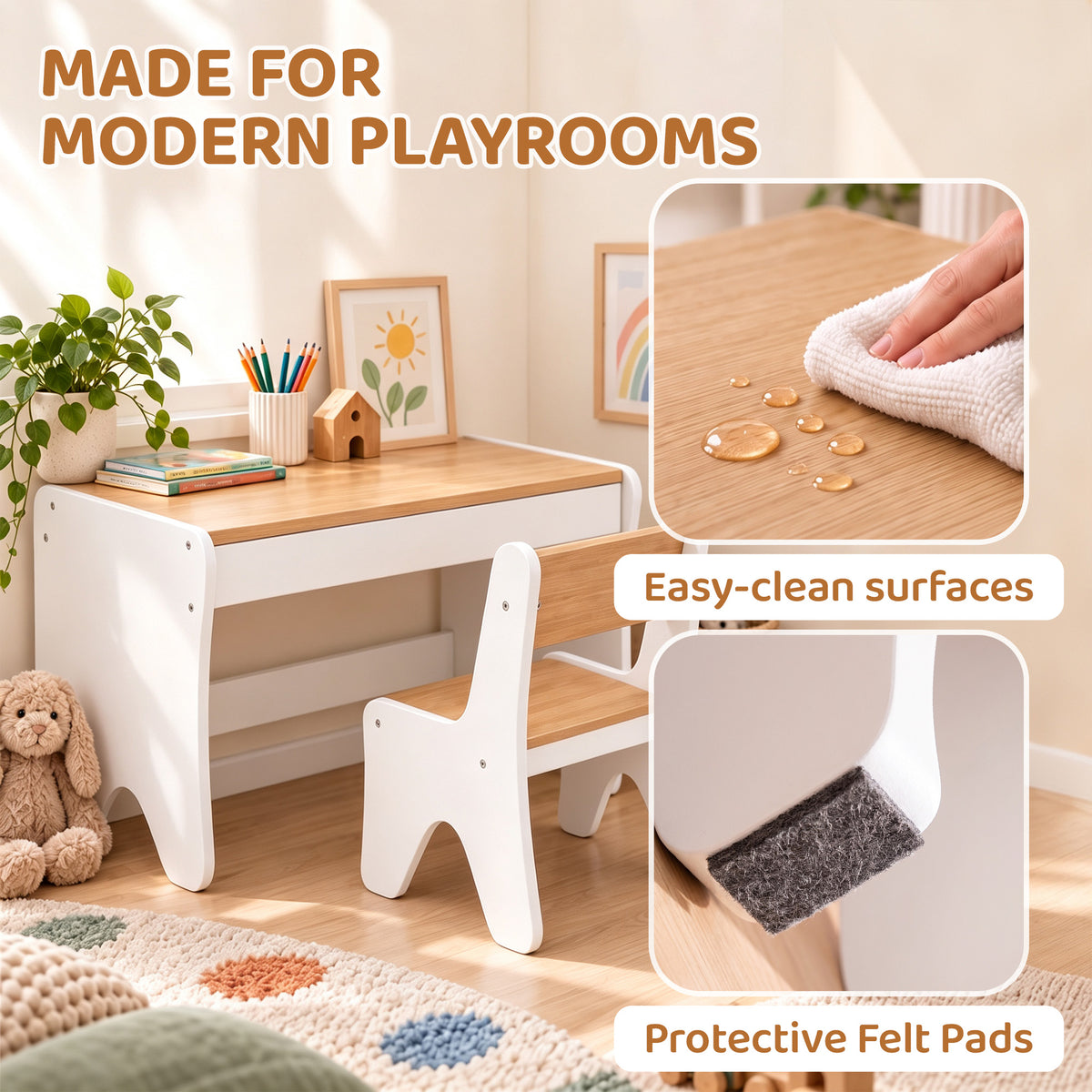Bureau et Chaise pour Enfant 2 Pièces, Ensemble Table d'Activité avec Tiroir, 3 à 8 Ans, Blanc et Bois Naturel-7