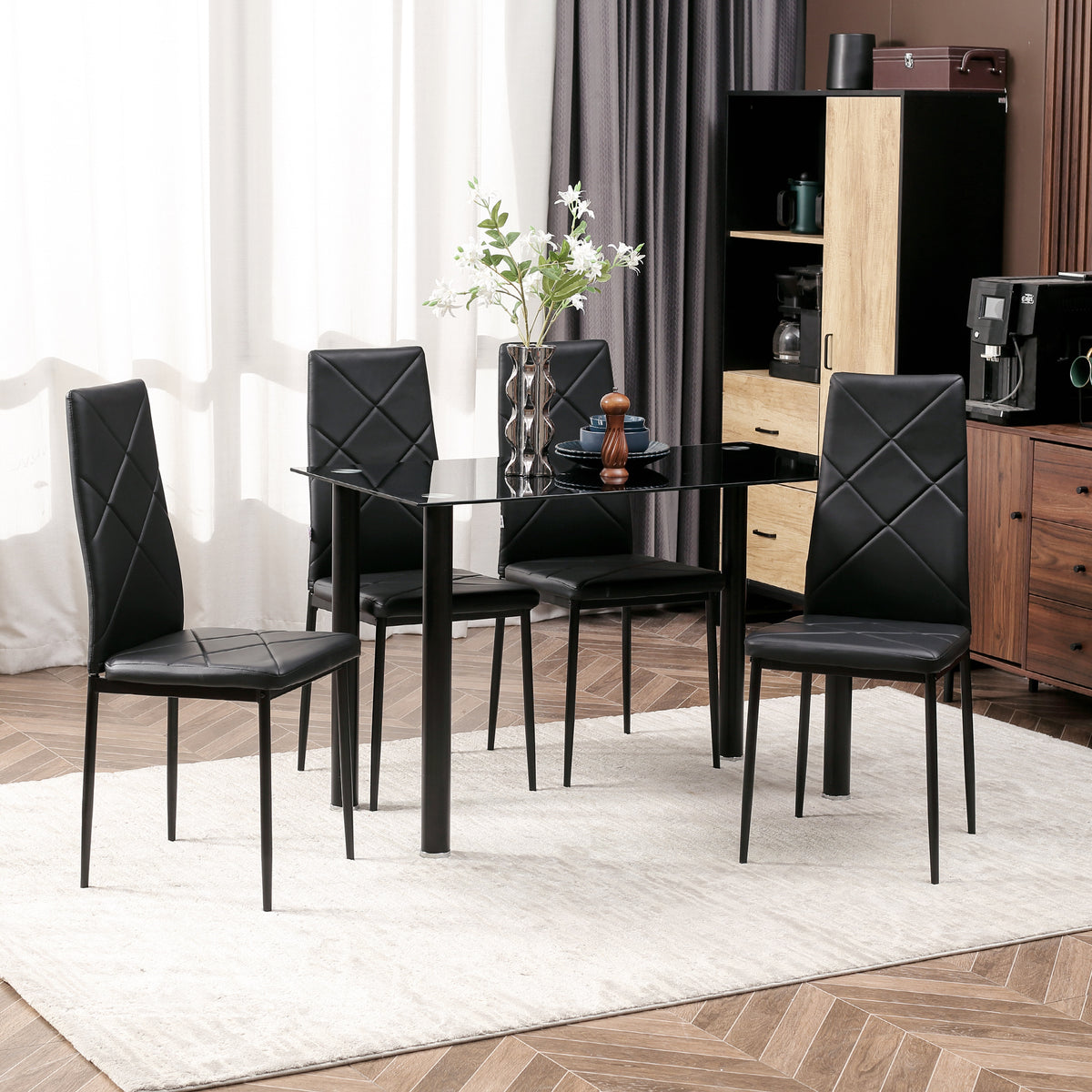 Ensemble de table à manger avec 4 chaises plateau en verre trempé, pieds en acier, pour cuisine salon noir-1