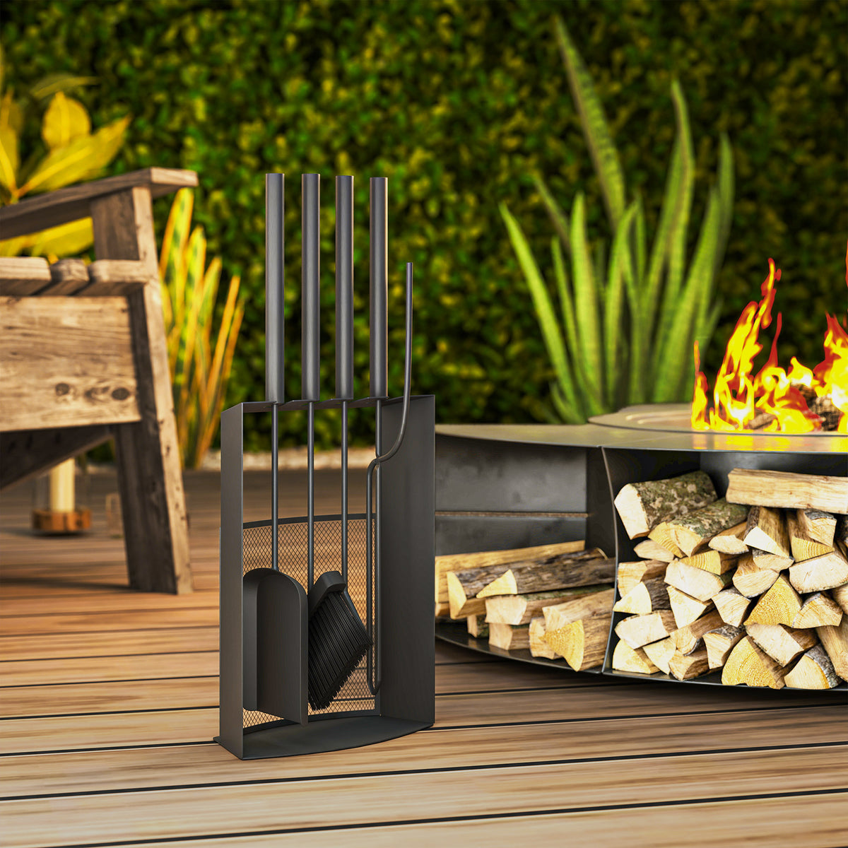 Ensemble serviteur de cheminée 5 pièces métal avec balai, pelle, tisonnier, paire de pinces et support 28x13x59,5cm noir-7