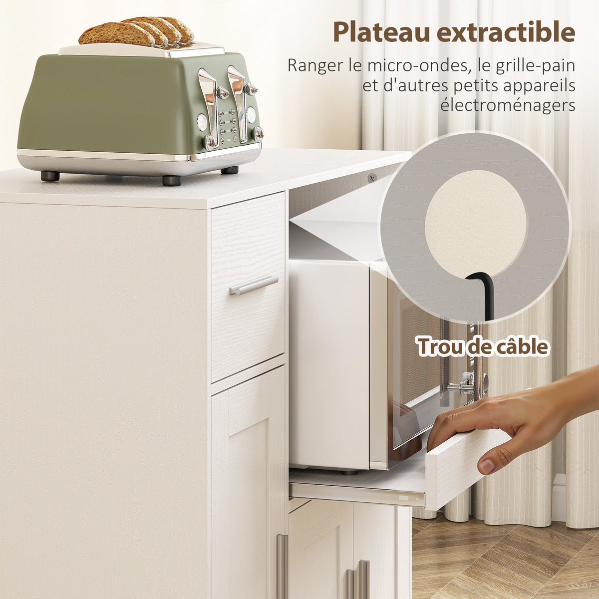 Desserte cuisine à roulettes, meuble micro onde, plateau coulissant, tiroir, placards 3 portes, 80x40x88,7cm, blanc-5