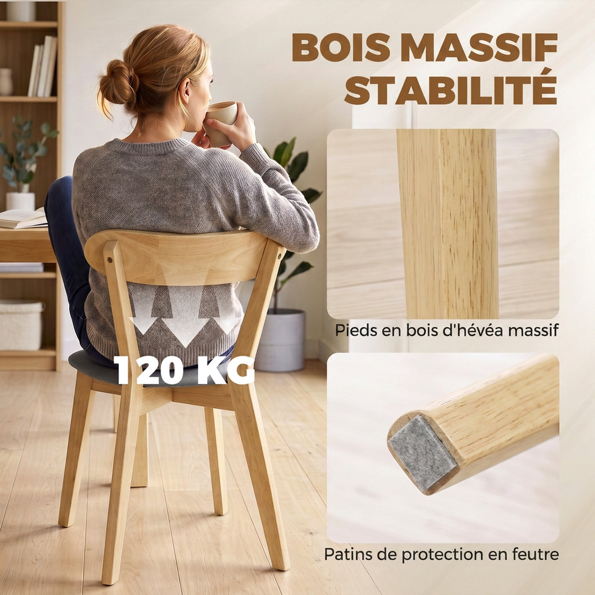 Lot de 2 Chaises de Salle à Manger, Chaises Cuisine, Assise Rembourrées en Lin, Dossier Incurvé, Gris et Bois Naturel-6