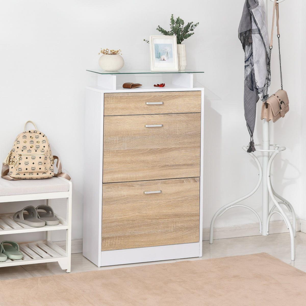 Armoire à Chaussures Meuble rangement Chaussures 2 Portes abattantes 2 Compartiments, tiroir, Plateau en Verre - Bois chêne Blanc-9