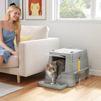 Bac à Litière pour Chat 80L en Inox avec Couvercle Rabattable à 180°, Tiroir Coulissant, Pelle, 63x43x43cm, Gris Clair-9