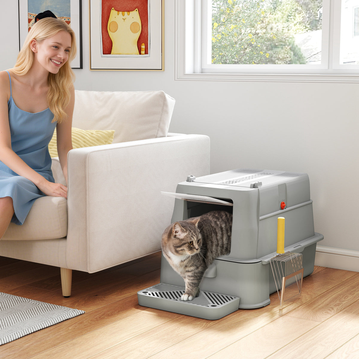 Bac à Litière pour Chat 80L en Inox avec Couvercle Rabattable à 180°, Tiroir Coulissant, Pelle, 63x43x43cm, Gris Clair-9