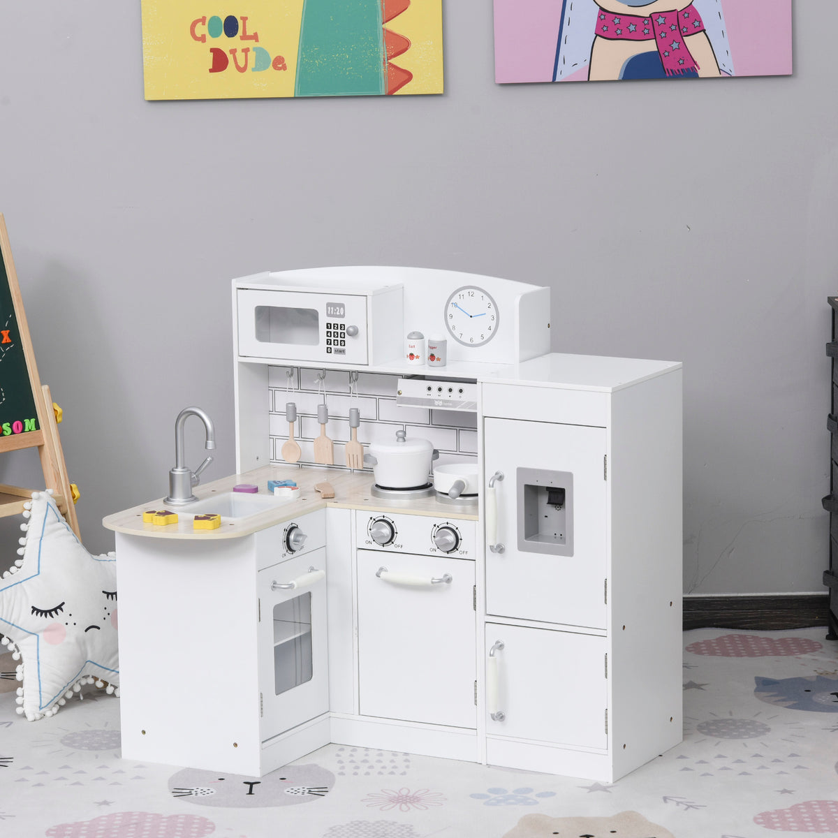 Cuisine Bois Jeu d'imitation - Cuisine Enfant 3+ Ans - Nombreux Accessoires & rangements Inclus - micro-ondes, hotte, évier avec robinet - MDF pin Blanc-1
