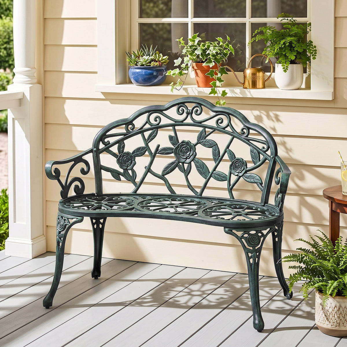Banc de Jardin 2 Places Style néo-rétro Motif Rose Lignes fuselées 100L x 54l x 78H cm Fonte d'aluminium Vert-1