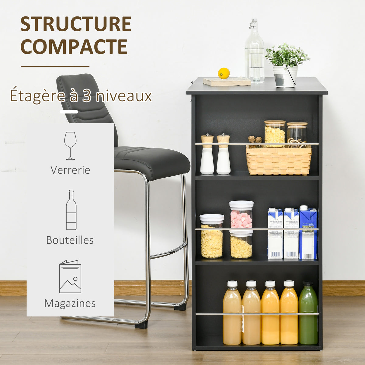 Table de bar table haute de cuisine mange-debout comptoir - dim. 112L x 57l x 106H cm - 3 étagères - noir-3
