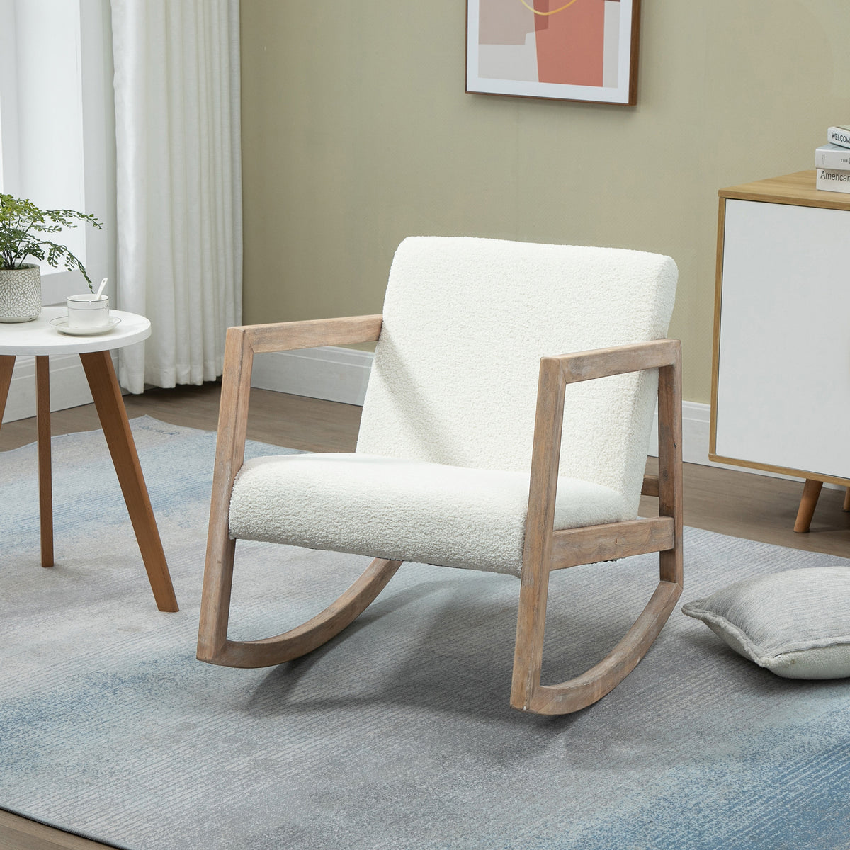 Fauteuil à bascule fauteuil allaitement rocking chair en tissu effet laine bouclée avec pieds en bois massif-9