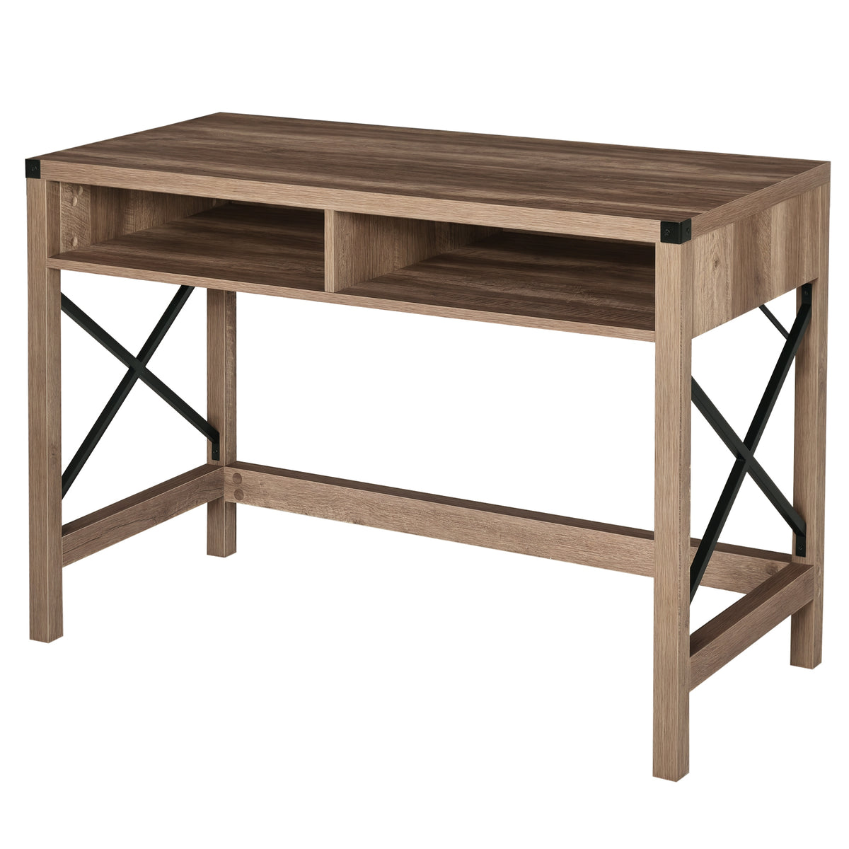 Bureau Design Industriel Grand Plateau 2 niches métal Noir Panneaux Particules Imitation Bois veinage Marron-0