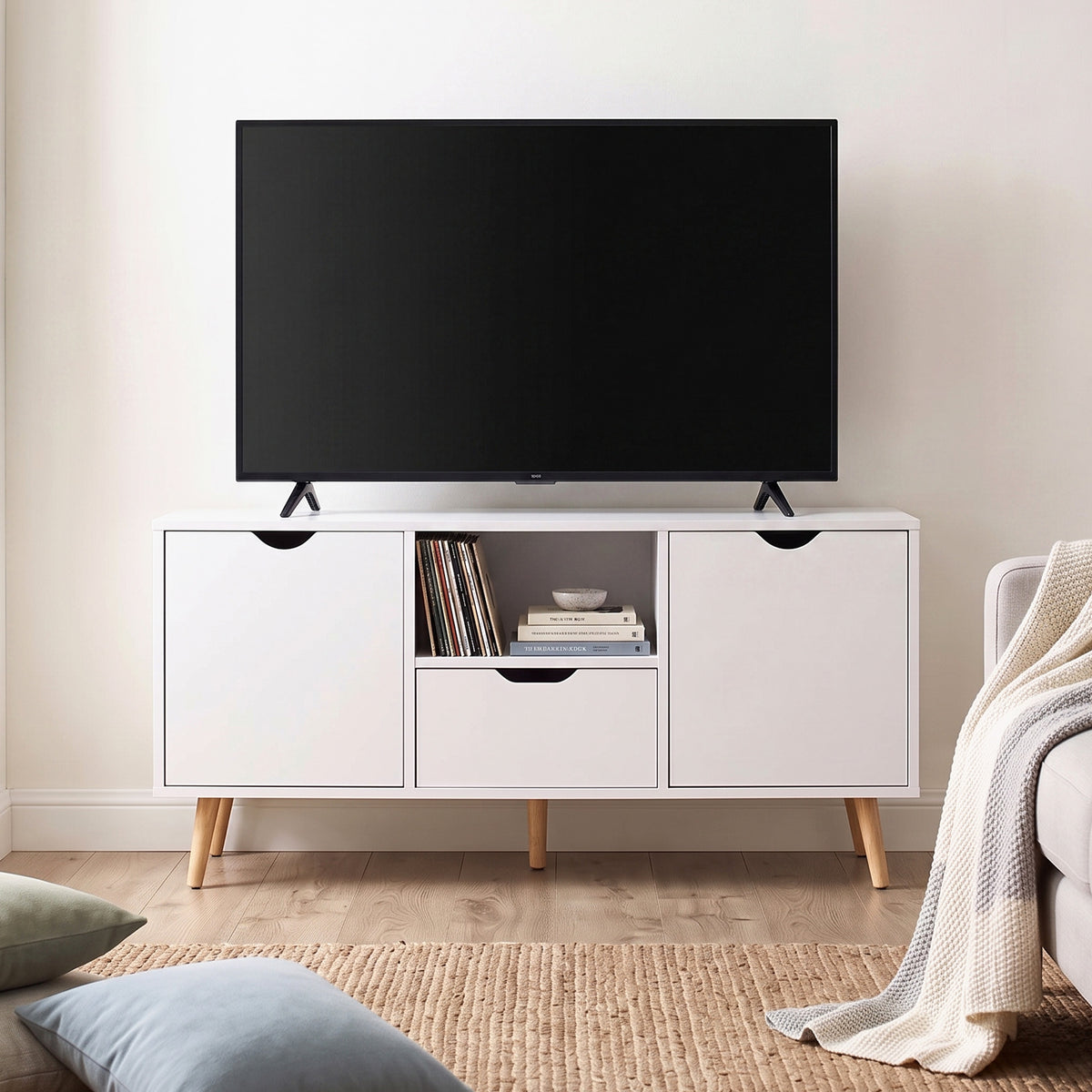 Meuble TV Banc TV Buffet bas Meuble de rangement sur pied avec 2 placards en Bois pour Chambre Salon-1
