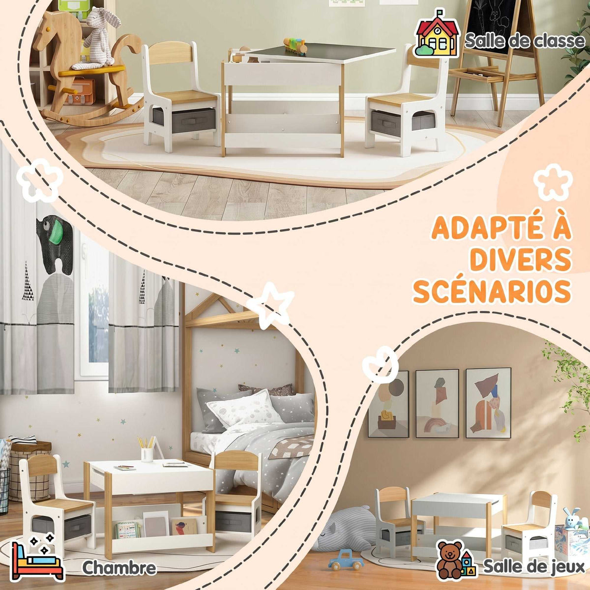Ensemble 3 pièces table et 2 chaises pour enfant avec plateau réversible tableau noir, panier de rangement, étagères-6