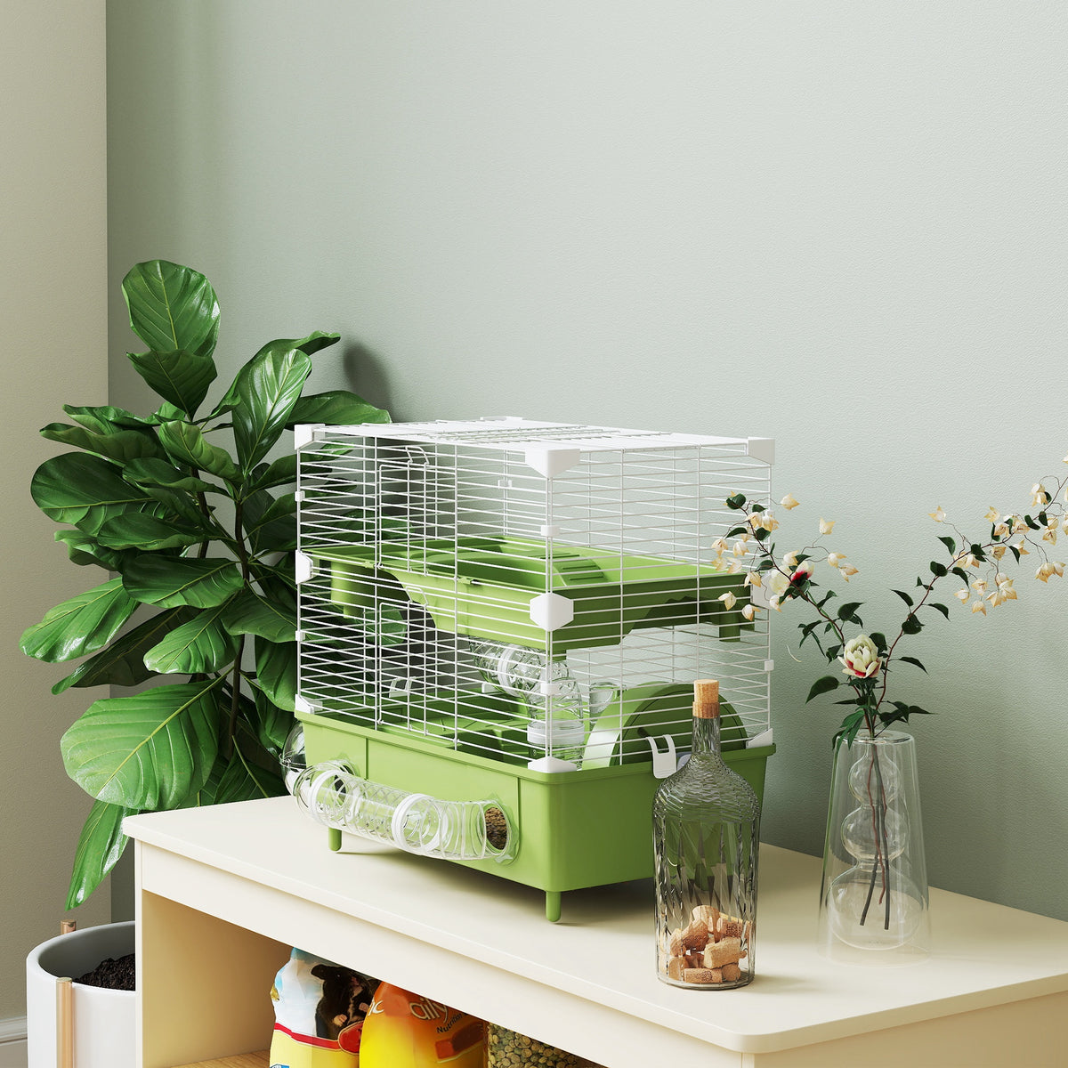 Cage pour hamster à 2 niveaux avec roue de course salle de bain en sable pour hamster nain 44,5 x 28 x 44 cm vert-7