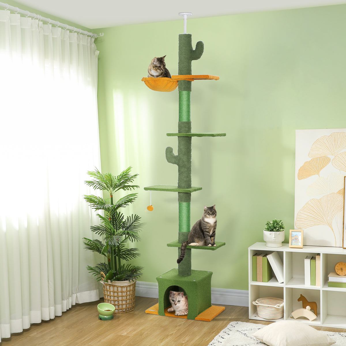 Arbre à chat, hauteur 275cm, 6 niveaux pour chat d'intérieur, du sol au plafond, avec plate-formes, niche, hamac, vert-1