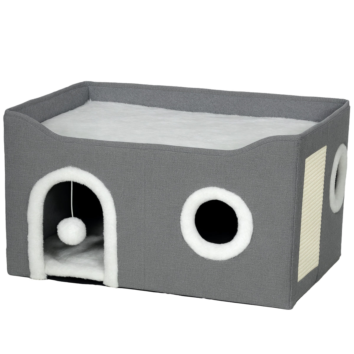 Niche Chat Interieur Pliable avec Griffoir, Lit Surélevé, Entrées, Jouet Suspendu, Coussin Réversible, 60x40x34cm, Gris-0