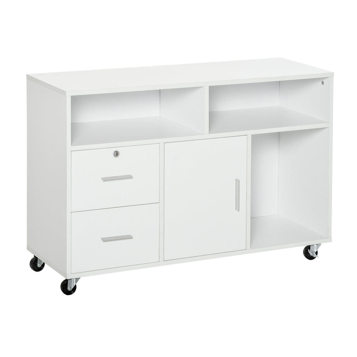 Support d'imprimante à 2 tiroirs meuble de rangement sur roulettes étagères ouvertes et placard, 100 x 35 x 65 cm, blanc-0