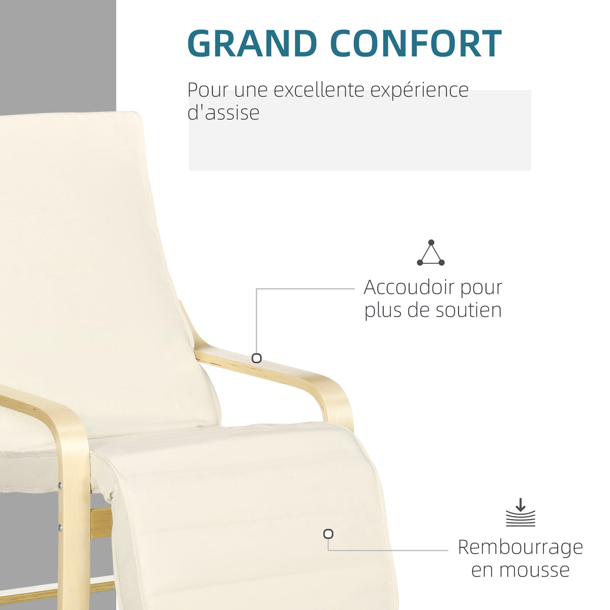 Fauteuil Relax Confort et Relaxation avec Repose-Pied réglable déhoussable 94 x 66,5 x 100 cm cm Bois Massif Crème-4