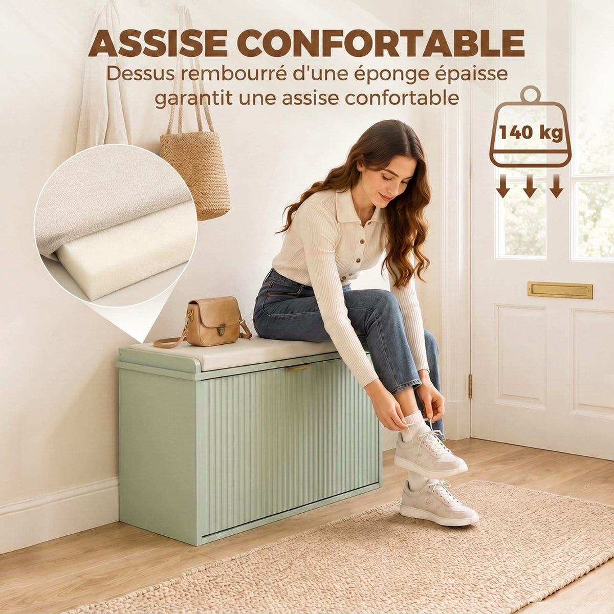 Banc à chaussures avec coussin d'assise rembourré et tiroir rabattable pour couloir, chambre, 62 x 26 x 47,5 cm, vert-6